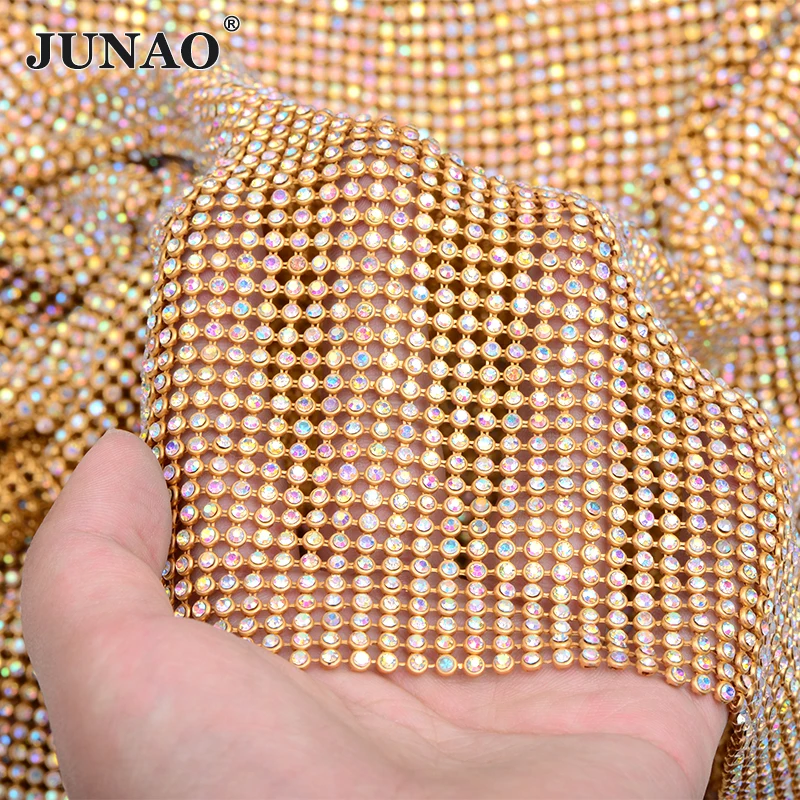 

JUNAO 45*120cm Sewing Glitter Gold AB Glass Flatback Strass Rhinestone Mesh Fabric Crystal Stone Ribbon For Dress Jewelry