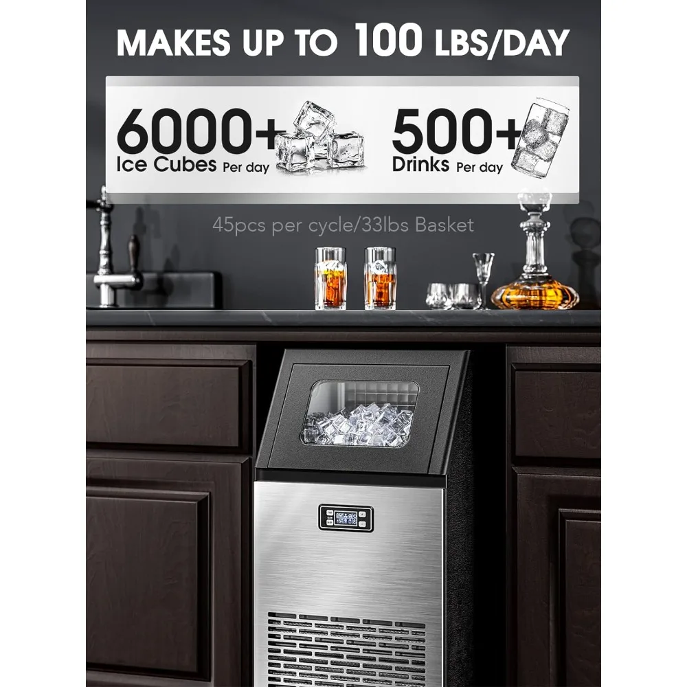 

Ice Maker,100 lbs,2-Way Add Water,Under Counter Ice Maker Self Cleaning,Ice Machine with 24 Hour Timer,33 lbs Bask
