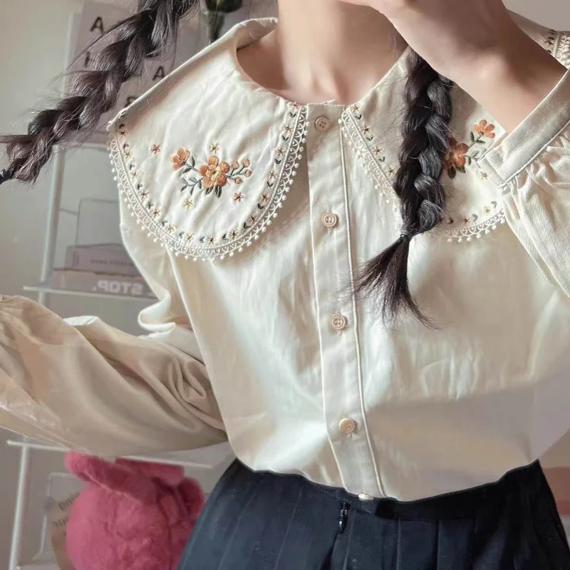 

QWEEK Kawaii Lace Shirt White Peter Pan Collar Blouses Embroidery Korean Lolita Preppy Style Button Up Cute Top Jk Retro Clothes