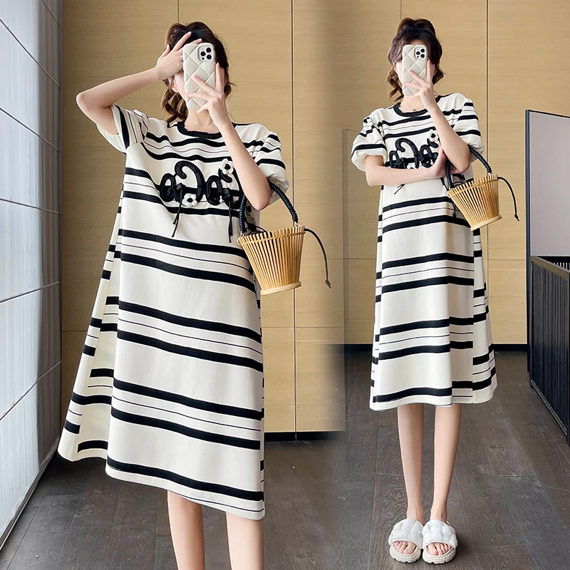 

Элегантные и красивые женские платья с коротким рукавом милое Полосатое платье для беременных с круглым вырезом тонкое хлопковое женское платье в Корейском стиле X8024