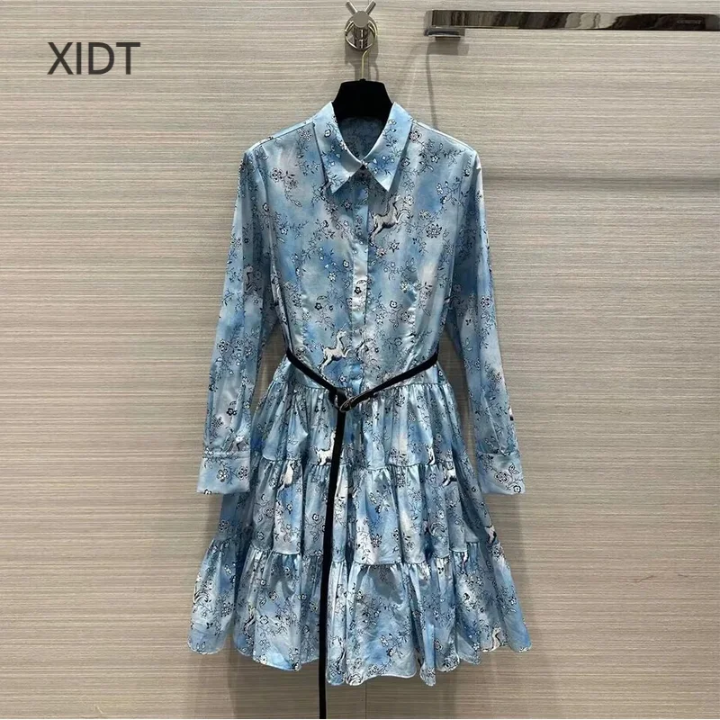 2024 Early Spring Turn-down Collar Long Sleeve Dress Women Floral Cartoon Animal Print Blue A-line Dresses With Belt
2024 Early Spring Turn-down Collar Long Sleeve Dress Women Floral Cartoon Animal Print Blue A-line Dresses With Belt
