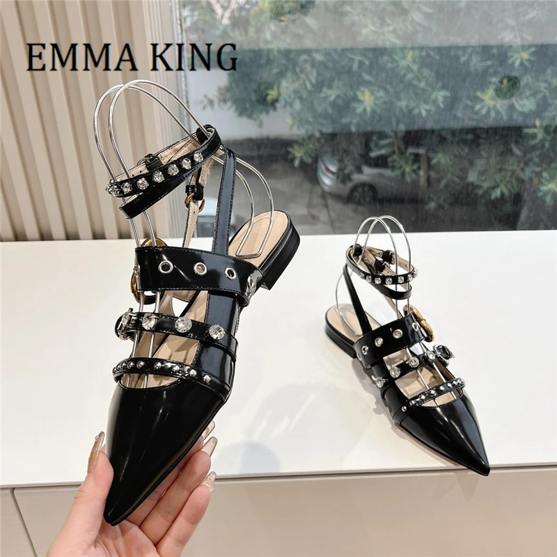 

Spring Women Embellished Leather Ballet Shoes Sexy Pointy Toe Flats Footwear Retro Metal Studs Buckle-strap Ballerina Shoes