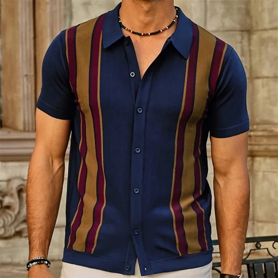 

Новинка 2024, Мужская Дизайнерская полосатая рубашка-поло с коротким рукавом, деловые дышащие топы на пуговицах, мужская повседневная Уличная одежда