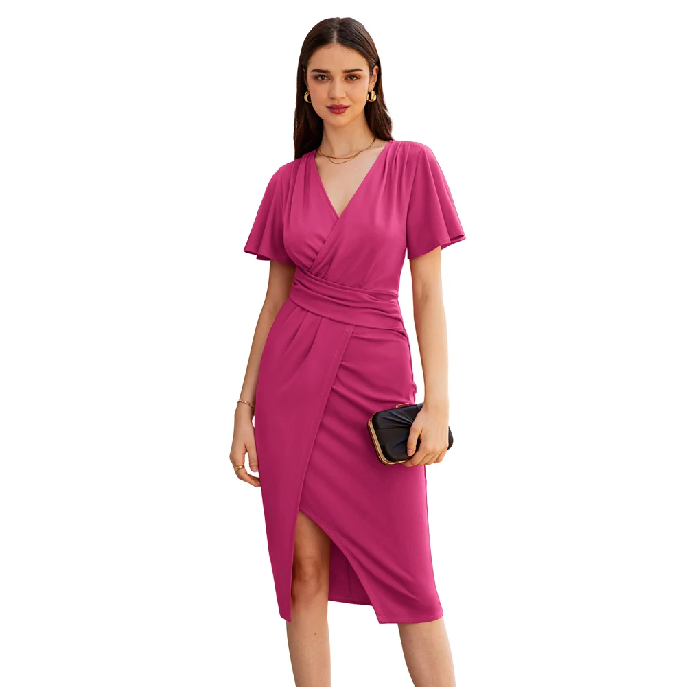 

GK Women Wrap Hem Party Dress Casual Fashion Office Lady Short Sleeve Hips-wrapped Surplice V-Neck Bodycon Cocktail A-line Dress