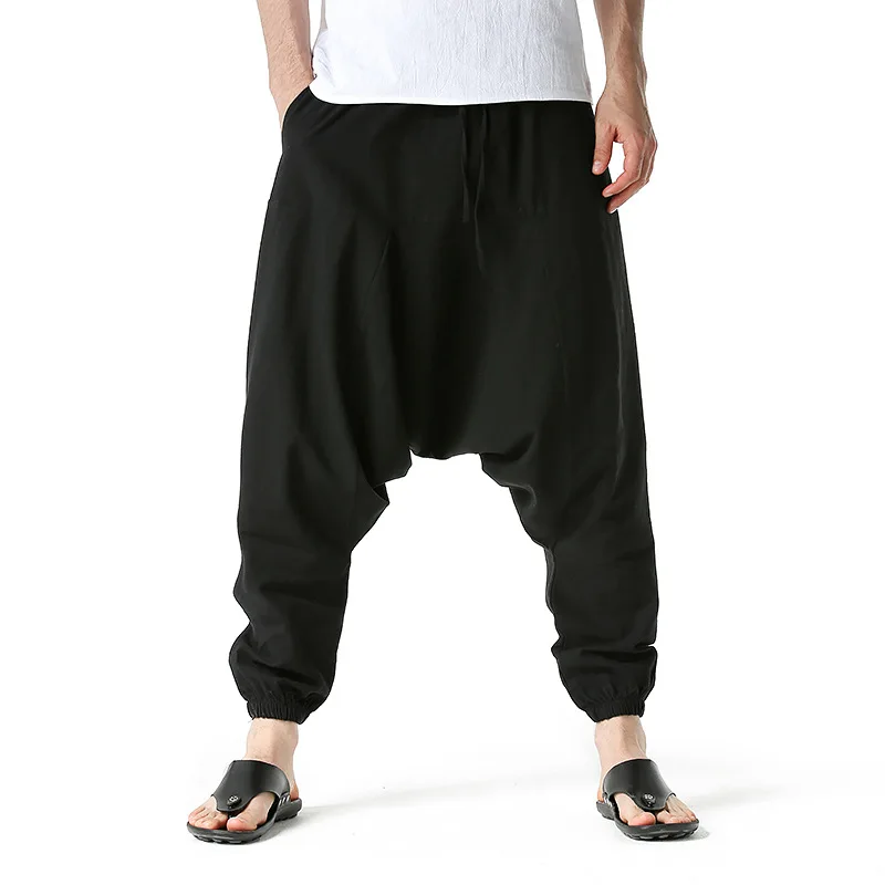 

Cotton Linen Harem Pants Men Solid Elastic Waist Streetwear Joggers New Baggy Drop-crotch Pants Casual Yoga Loose Trousers Men