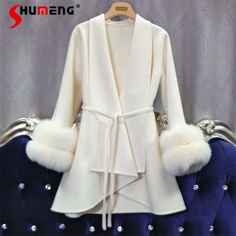 

2023 Winter New Double Fox Furry Sleeves Socialite Style Reversible Cashmere Coat Female Long Sleeve Solid Color Woolen Coats