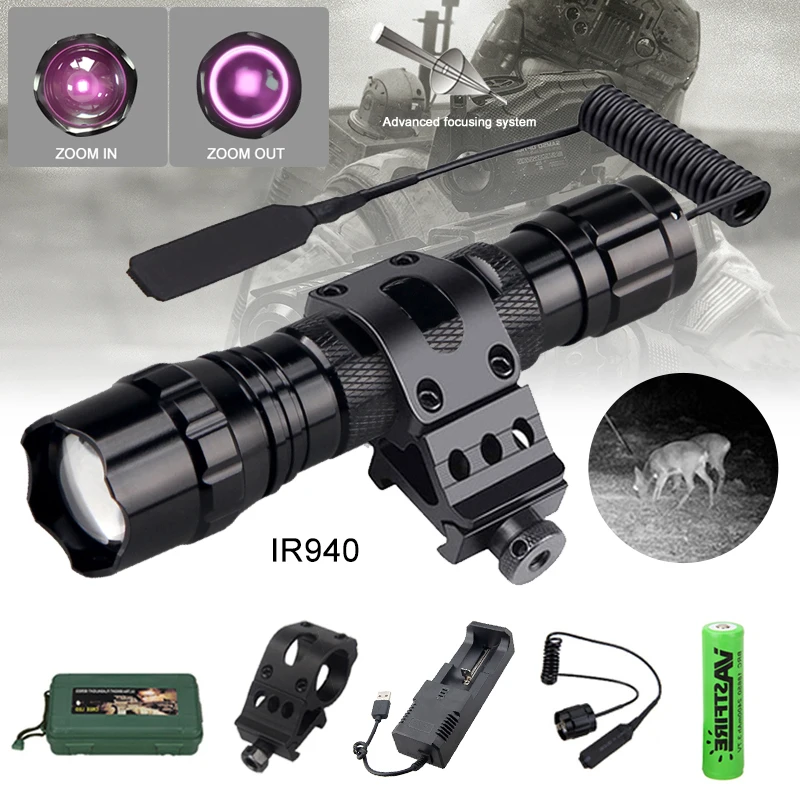 

501B LED Infrared Tactical Flashlight Zoomable Night Vision Hunting Torch Rechargeable Waterproof Flashlights IR 850nm/940nm led