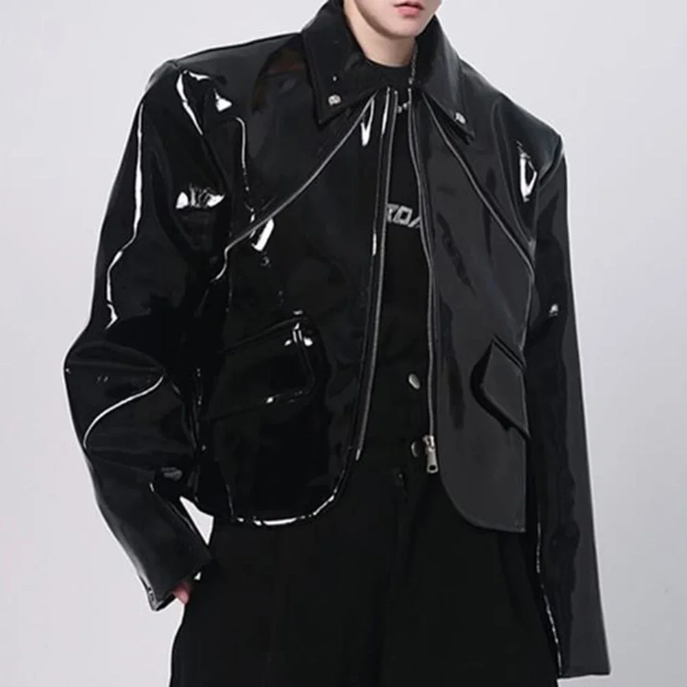 

Mens Jacket Shiny Leather Jacket Handsome Performance Stage Outfit Autumn Elegant British Excellent Patent Leather Jacket