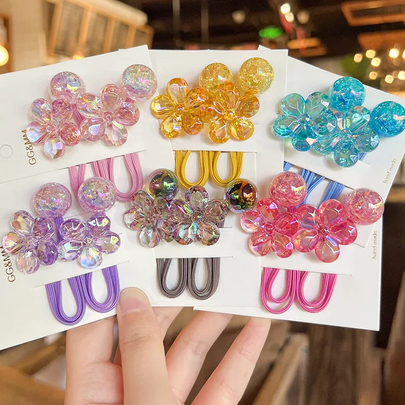 

2PCS Set Colorful Transparent Crystal Camellia Flower Girl High Elastic Hair Band Simple Cute Sweet Ponytail Rubber Ties Rope