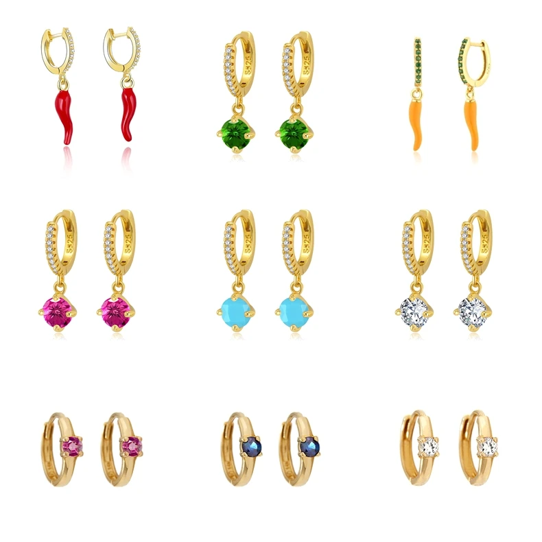 

925 Sterling Silver Needle Fashion Hoop Earrings for Women Zircon / Red Pepper Pendant Perforated Earrings Jewelry Wholesale