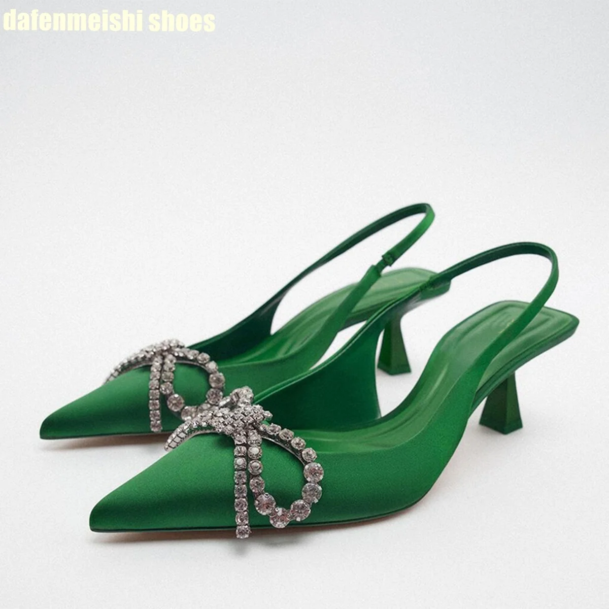 

Green Glossy Bow Sandals Rhinestone Decorated Bling Bling 2024 Autumn New Women's Shoes Slingback Back Strap High Heels Mules