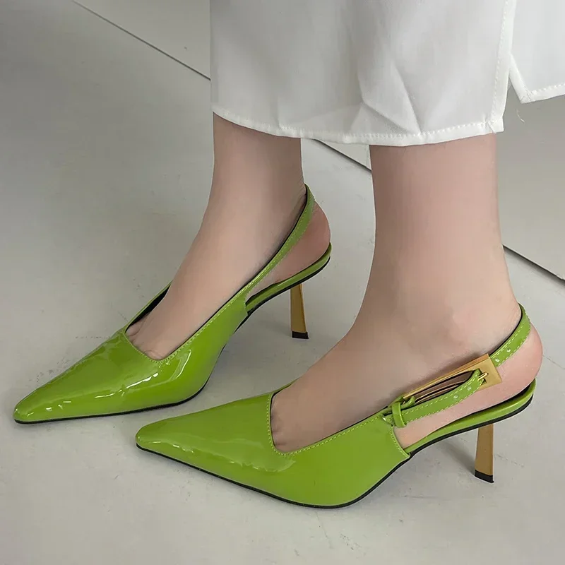 Patent Leather Green Women Pumps Sexy Pointed Toe Metal Buckle Strap Thin High Heels Summer Elegant Slingbacks Heeled Sandals 46 S2d5546b3a1e84d74860683fe786da298a
