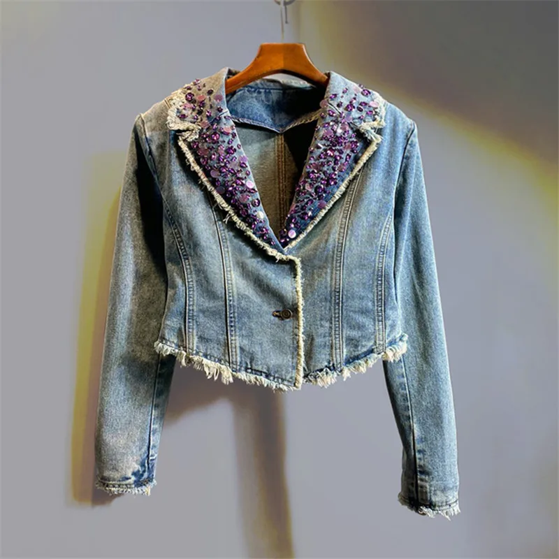 Fashion Beaded Diamond Slim Short Light Blue Short Denim Jacket Notched Collar Long Sleeve Spring Autumn New Female Jeans Jacket
Fashion Beaded Diamond Slim Short Light Blue Short Denim Jacket Notched Collar Long Sleeve Spring Autumn New Female Jeans Jacket