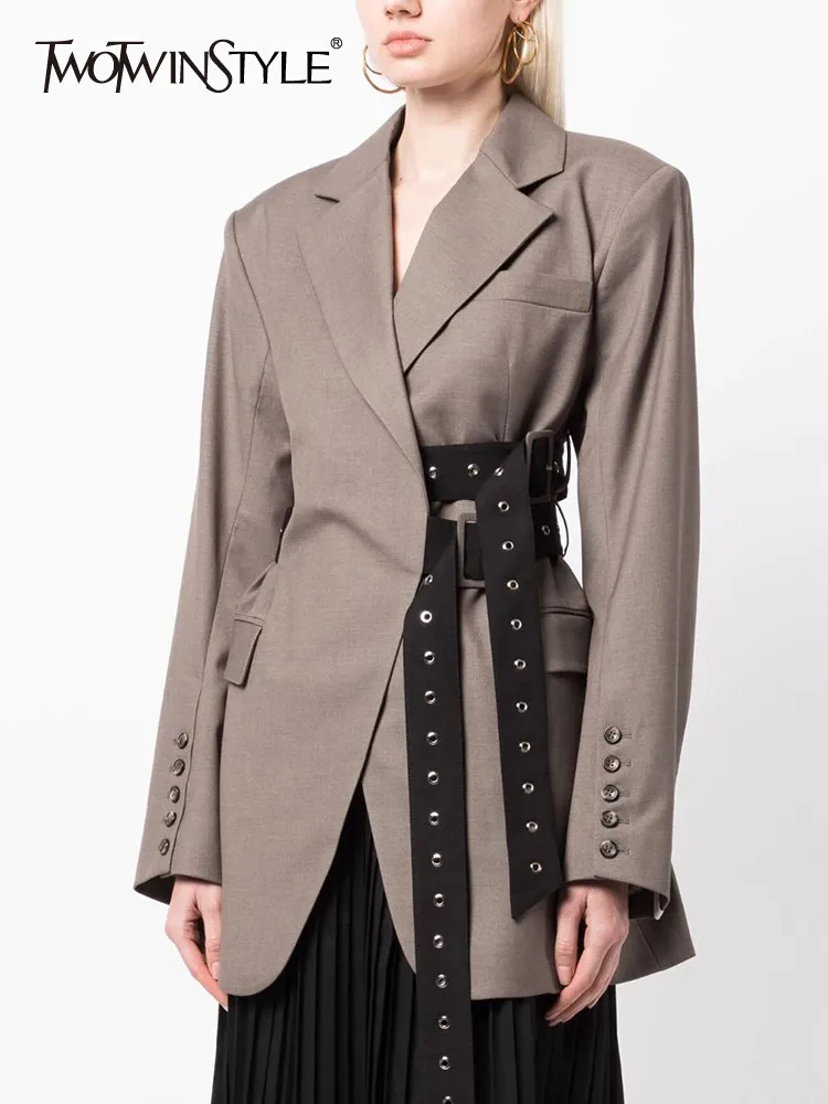 

TWOTWINSTYLE Patchwork Belt Chic Blazer For Women Notched Collar Long Sleeve Spliced Pocket Temperament Blazers Female Fashion