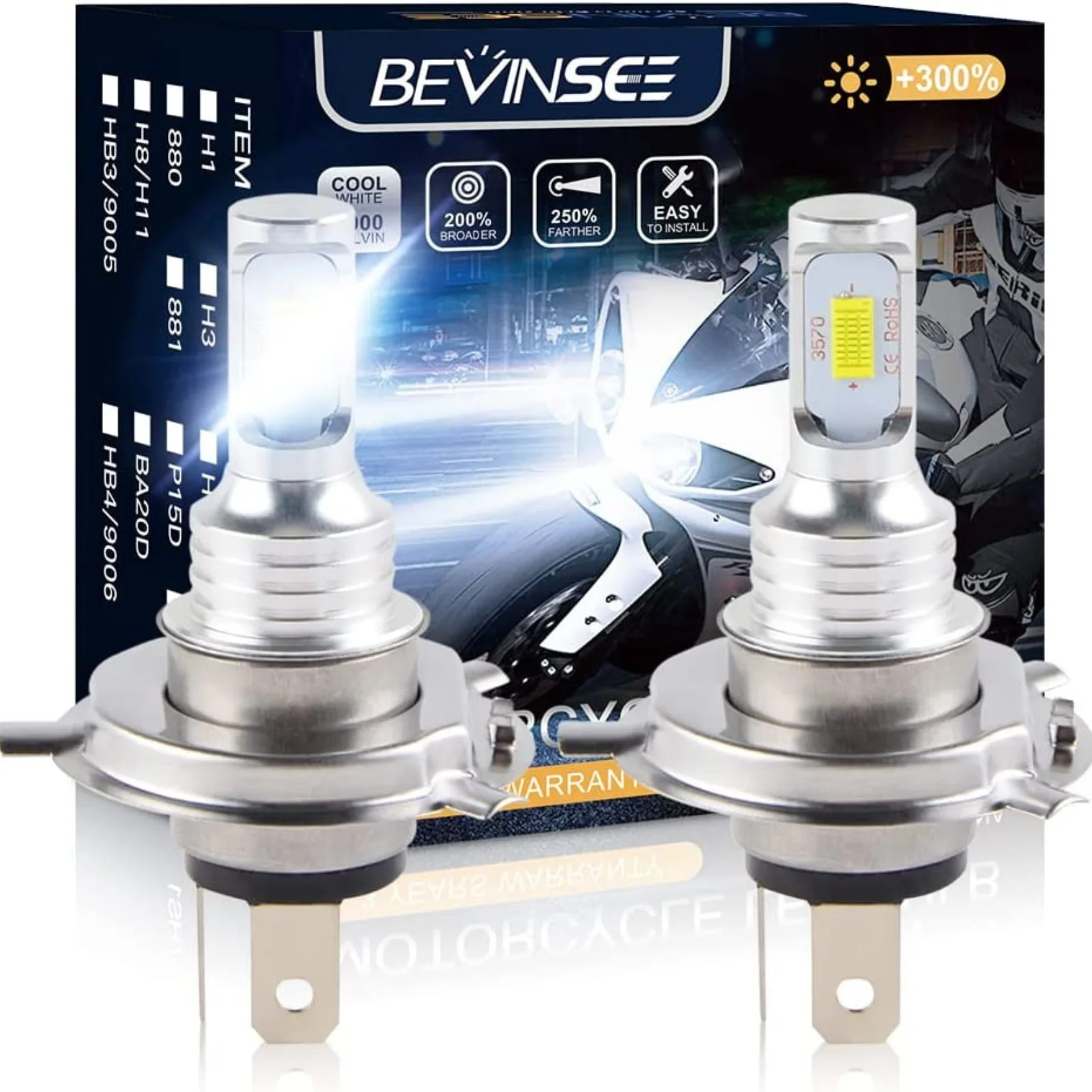 Bevinsee H4 High Low Beam Headlight Bulbs For Motorcycle H7 LED Moto Headlamp Fan-less Plug & Play 1500LM 6000K White Light 12V
Bevinsee H4 High Low Beam Headlight Bulbs For Motorcycle H7 LED Moto Headlamp Fan-less Plug & Play 1500LM 6000K White Light 12V
