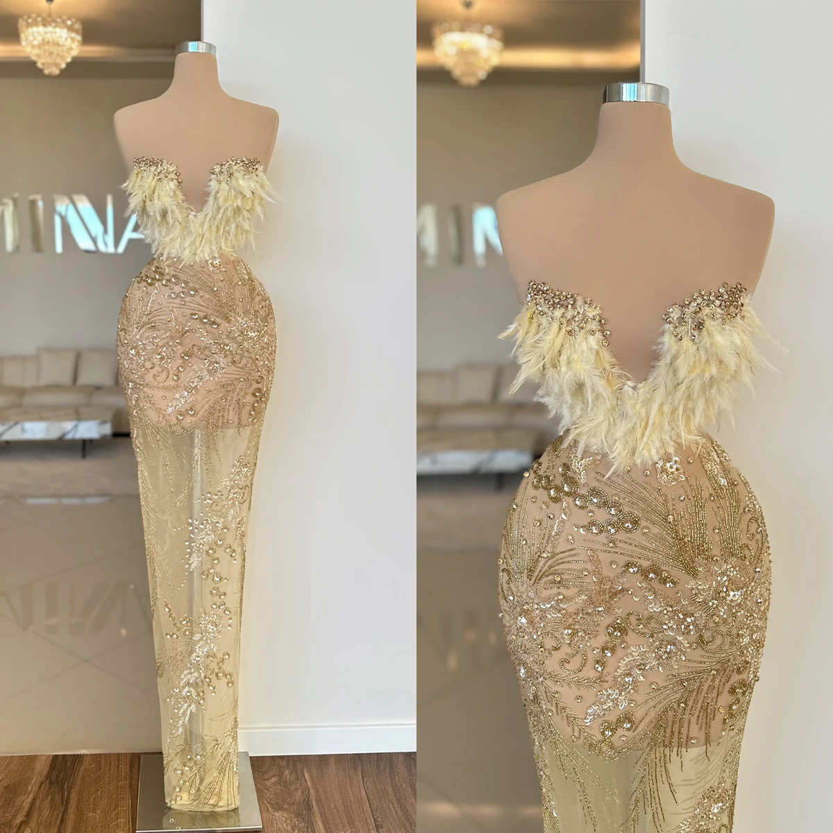 Exquisite Evening Dresses Mermaid Sleeveless Luxury Appliques Beads Feathers Floor Length Prom Dress Vestido De Noite Customized
Exquisite Evening Dresses Mermaid Sleeveless Luxury Appliques Beads Feathers Floor Length Prom Dress Vestido De Noite Customized