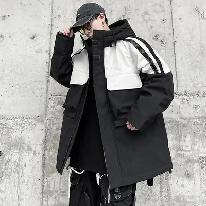 

Winter Mens Thick Warm Hoody Down Colors Mixed Loose Fit Casual Overcoat Man Cargo Jacket Outside Pockets Outerwear Coat