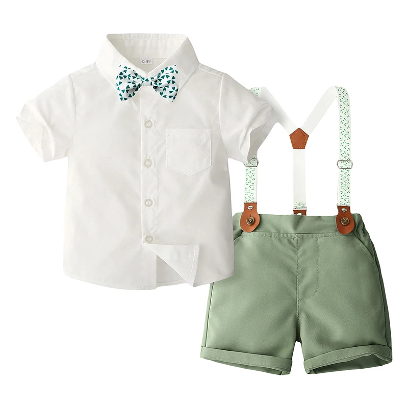 

1-5Y Baby Boys 2Pcs Gentleman Outfits Short Sleeve Bowtie Shirt Suspender Shorts Set Children Boys Clothes Set