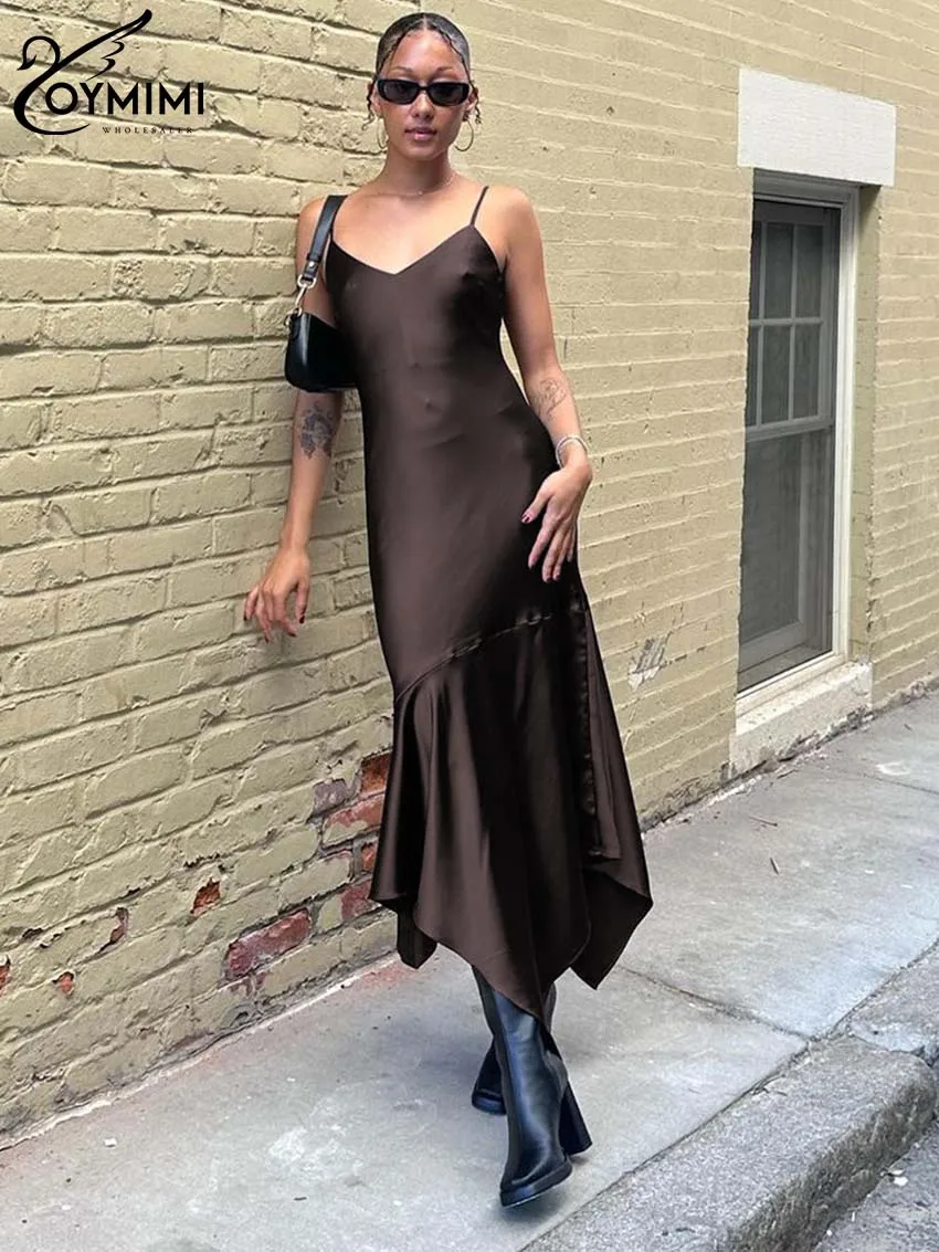 

Oymimi Casual Brown V-Neck Dresses For Women 2024 Elegant Spaghetti Strap Slim Mid-Calf Dresses Fashion Straight Solid Dress