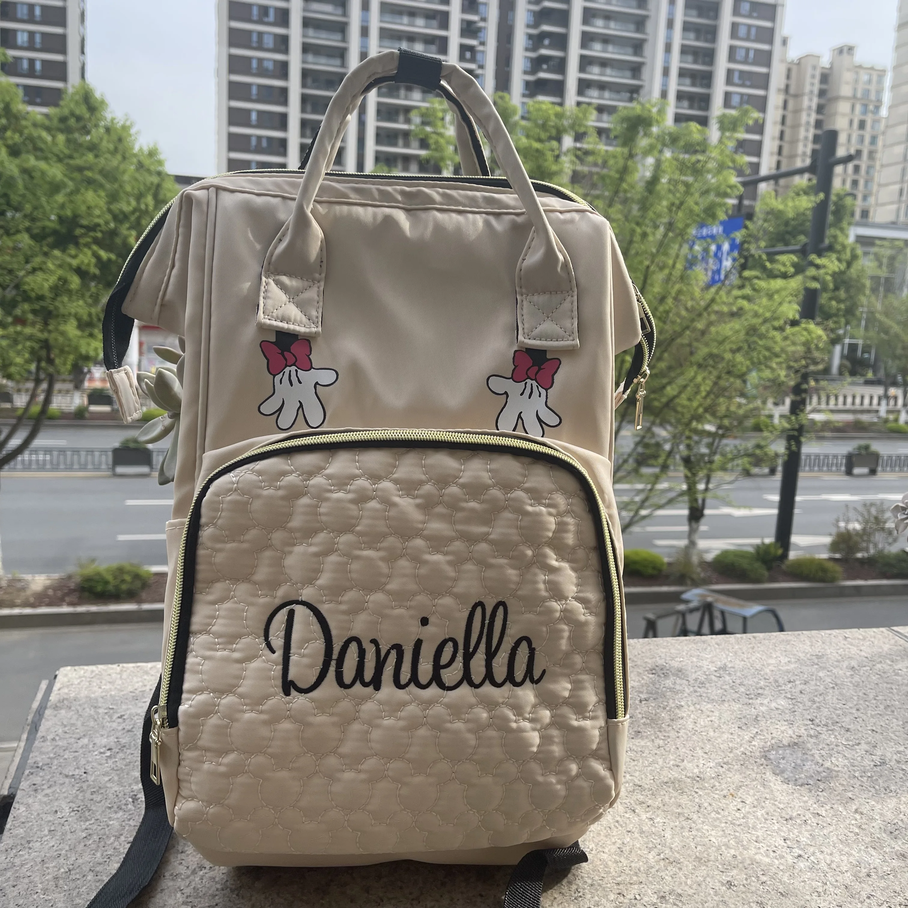 

Embroidery Name Large Capacity Mommy Bag Portable Outdoor Travel Multi compartment Mother and Child Multi functional Backpack