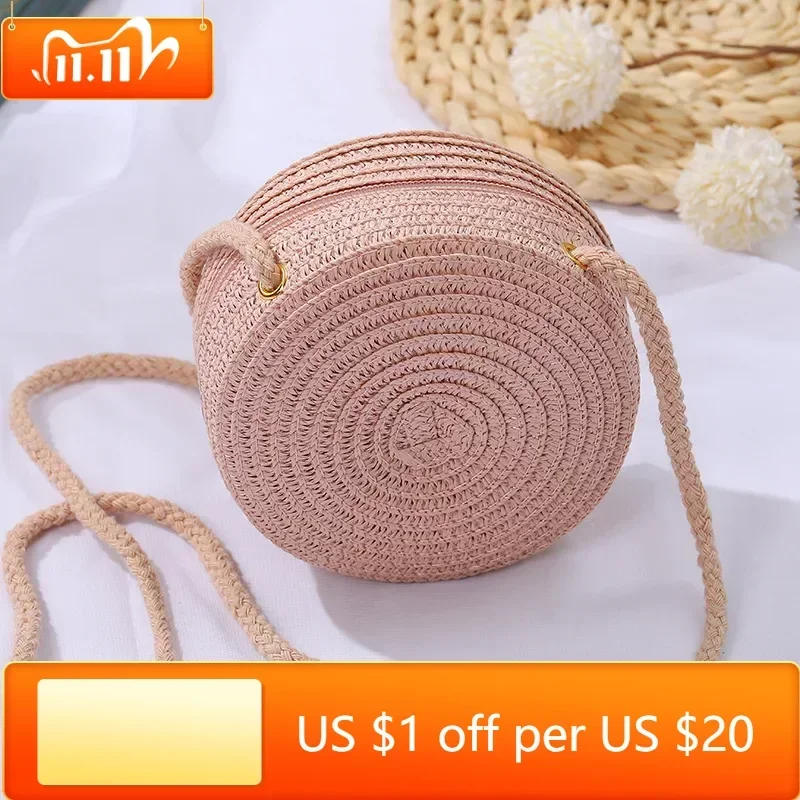 

Round Straw Bag Women Woven Beach Crossbody Bag for Ladies Cute Shoulder Rattan Handmade Knitted Candy Color Small Handbag Bolsa