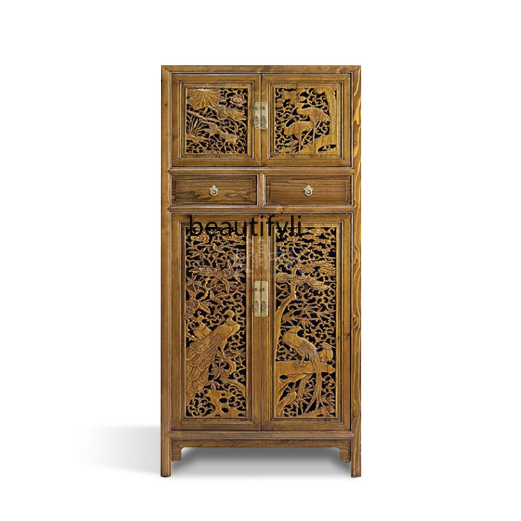

Chinese-Style Solid Wood Bookcase Camphorwood Door Carved Hollow Cabinet Wardrobe Bedroom Clothes Closet Overall