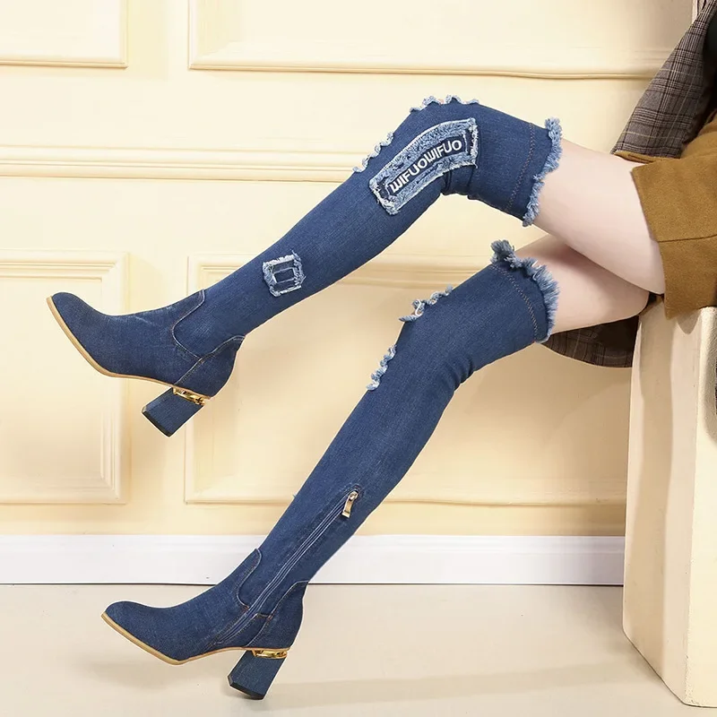 Women's Denim Boots Over The Knee Pointed Toe Thick High Heels Shoes Female Autumn Casual Tassel Jeans Long Boots Botas Mujer
Women's Denim Boots Over The Knee Pointed Toe Thick High Heels Shoes Female Autumn Casual Tassel Jeans Long Boots Botas Mujer