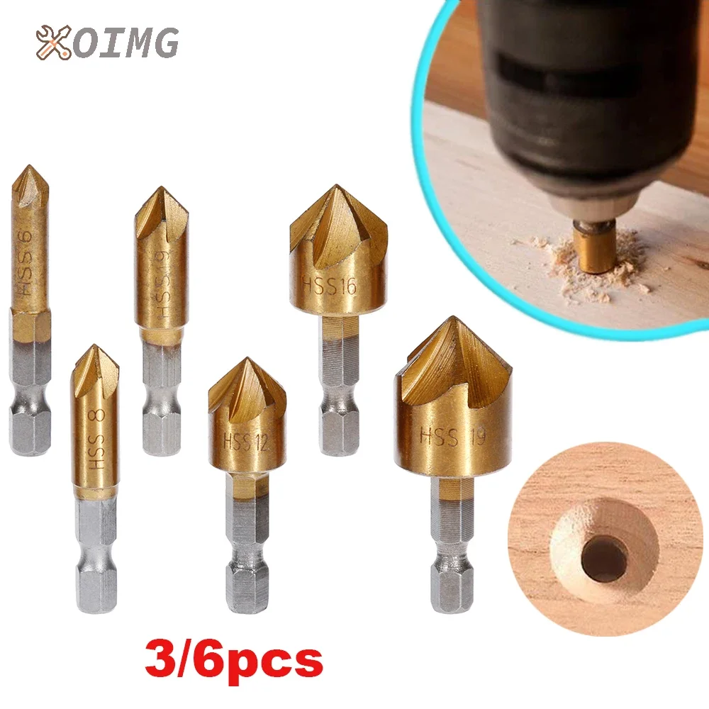3/6pcs Countersink Drill Bit Set 1/4 Hex Shank HSS 5 Flute Countersink 90 Degree Woodworking Chamfering Cutter Chamfer 6mm-19mm
3/6pcs Countersink Drill Bit Set 1/4 Hex Shank HSS 5 Flute Countersink 90 Degree Woodworking Chamfering Cutter Chamfer 6mm-19mm