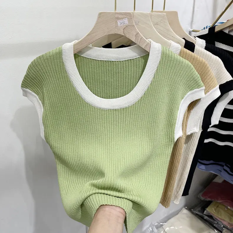 

2024 Women Summer New Fashion Contrast Color Loose Vest Female Ice Silk Knitted Tanks Tops Ladies O-neck Sleeveless Tops H104
