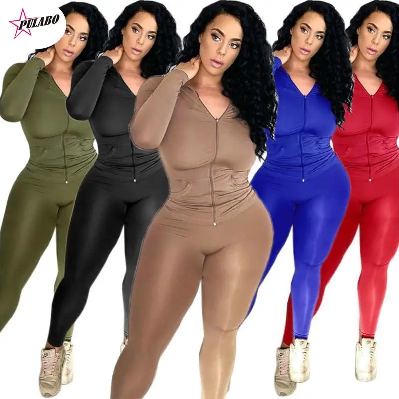 

Autumn Solid Fitness Long Sleeve Hooded Jackets+sporty Jogger Legging Women Fashion Matching Sets Stretchy Workout Tracksuits