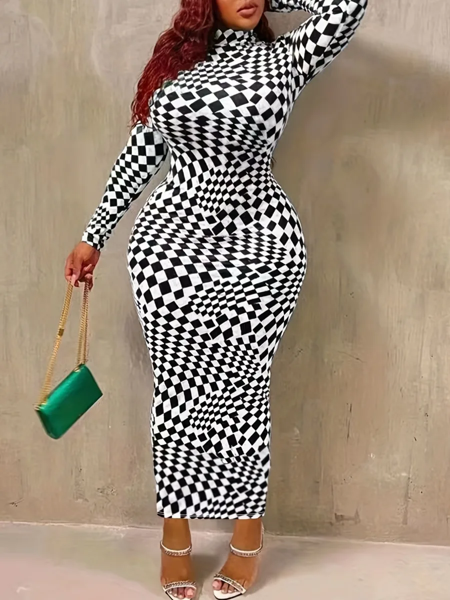 

LW Plaid Print Bodycon Maxi Dress Patchwork Long Sleeve Mock Neck Hipster Skirt Geometric Print Sheath Vestidos For Women