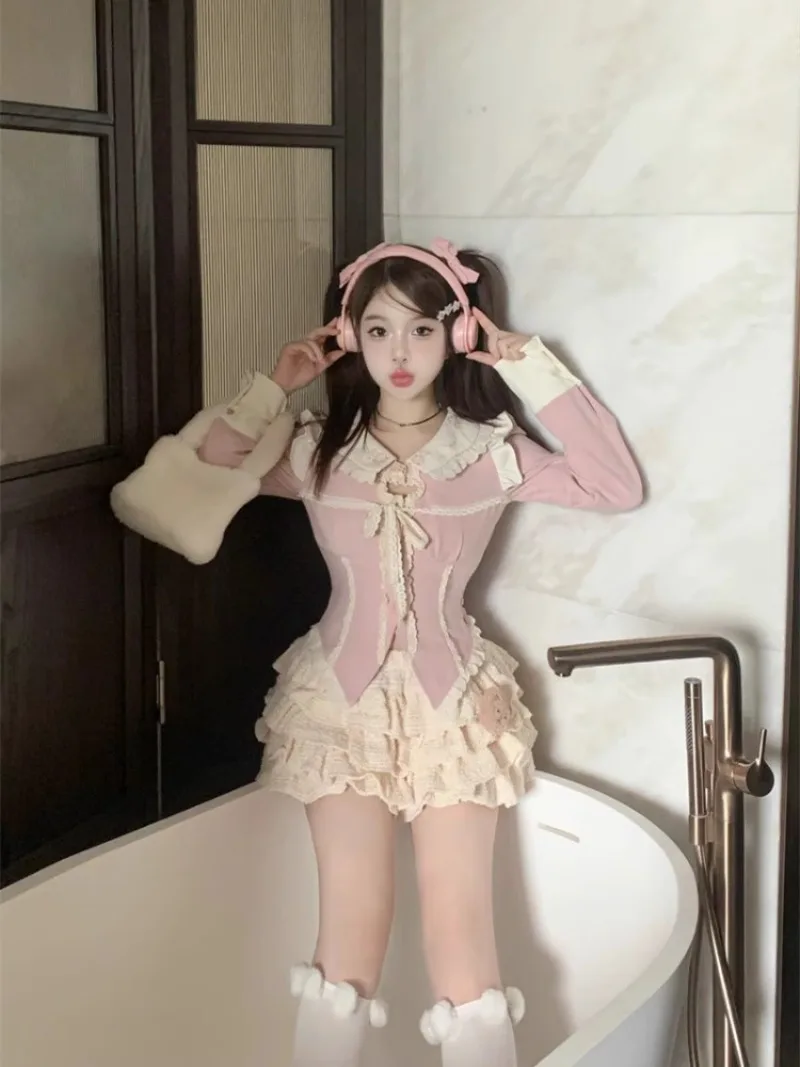 

Spicy Girl Flounce Splice Top Cake Skirt Two-piece Set Women Lace Up Hollow Out Sweet Korean College Slim Summer Chic Lady Suit