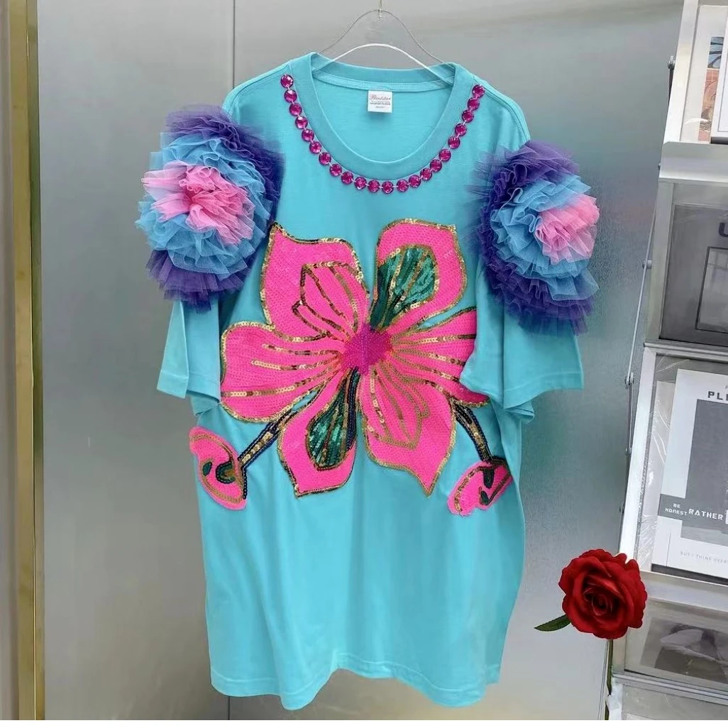 

Luxury Summer Mesh Splicing Ruffles Diamonds T-Shirts Gauze Patchwork Short Sleeves Floral Embroidery Tees Loose Jumpers Tops