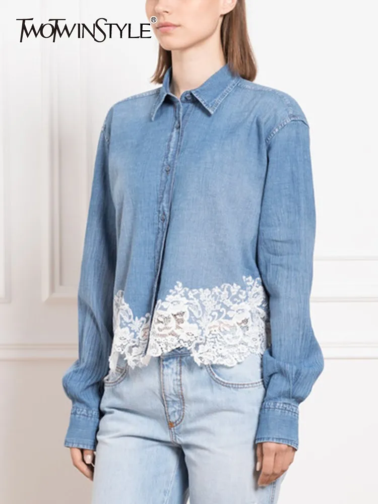 

TWOTWINSTYLE Hit Color Patchwork Buttons Denim Blouses For Women Lapel Long Sleeve Spliced Lace Irregular Hem Chic Shirt Female