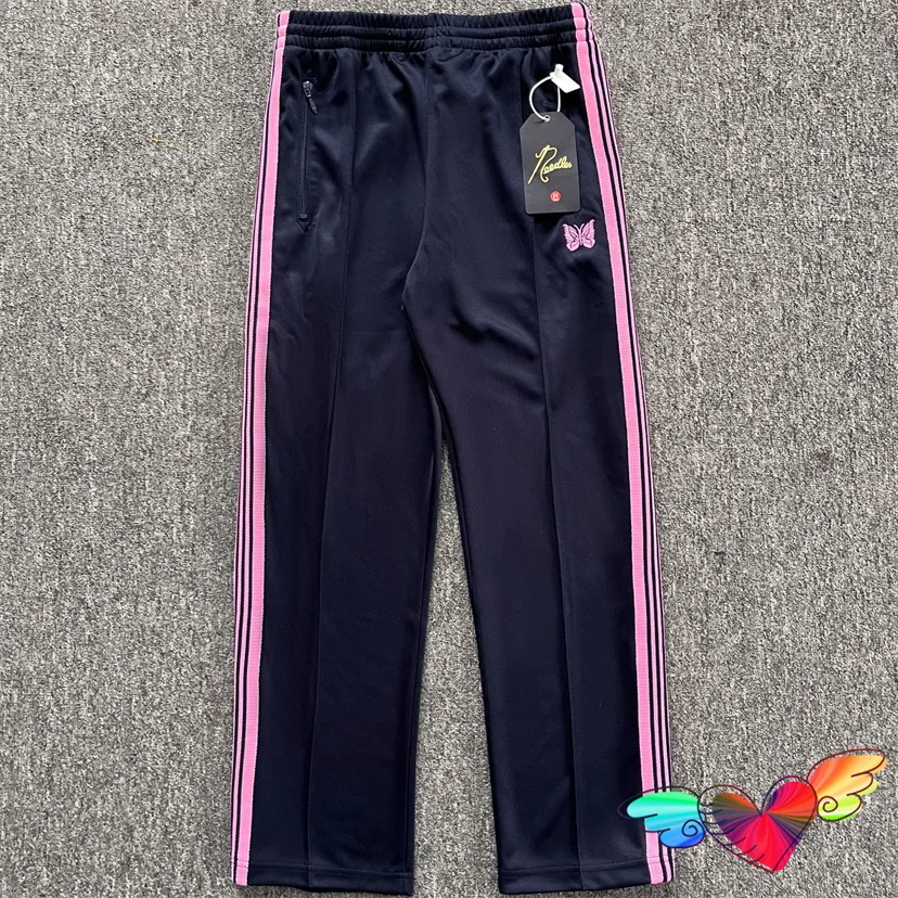 

Pink Woven Stripes Black Needles Pants Men Women Poly Smooth Needles Track Pants Embroidered Butterfly AWGE Trousers
