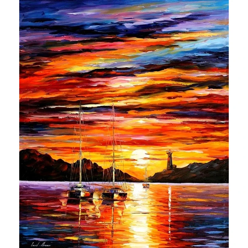 

Top Quality Colorful Classical Counted Cross Stitch Kit Sailing Ship Boat On The Sea Sunset Sunrise Painting