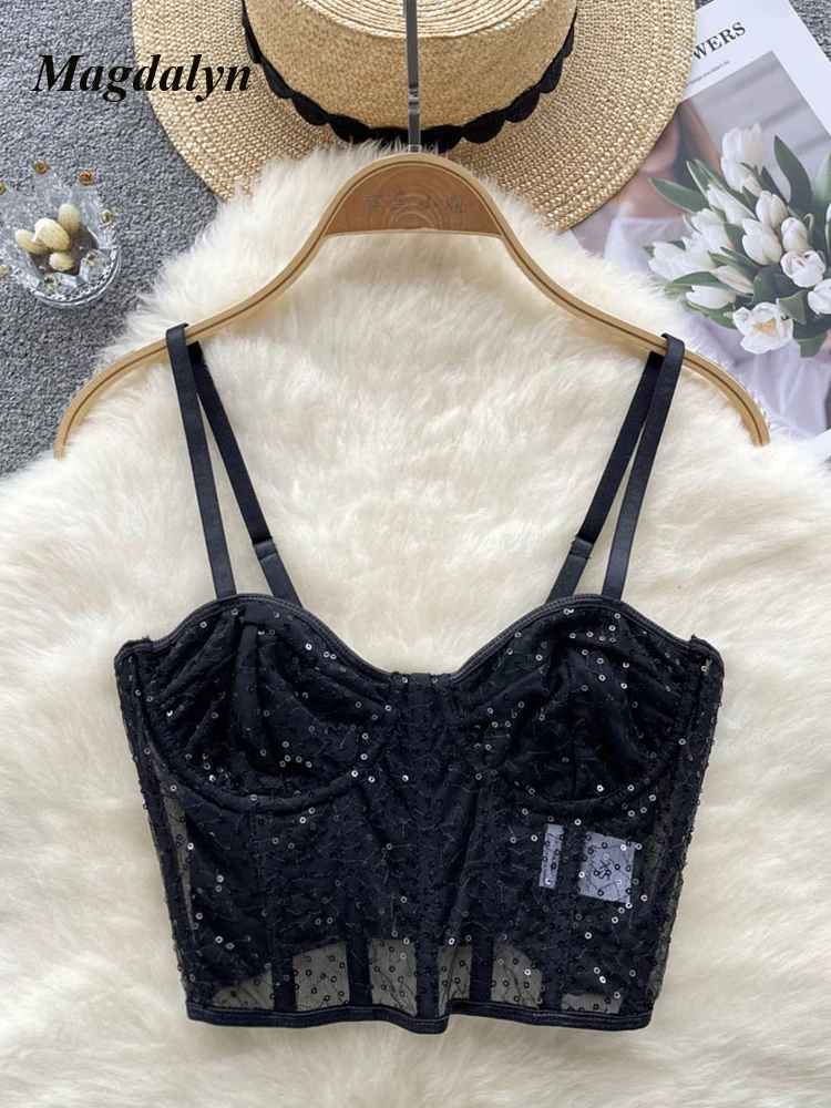 

Magdalyn Women Glitter Sequins Lace Camisole Summer Skinny Slim Party Beach Camis Streetwear Ins Chic Y2K Strap Sequined Tops