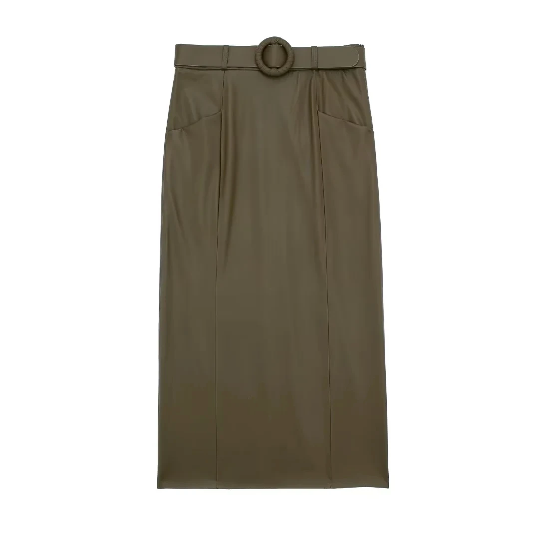 

TRAF Leather Long Skirts For Women 2023 Vintage Belted Zip Slit Pencil Skirt Elegant Women's High Waist Shirt Autumn Midi Skirts