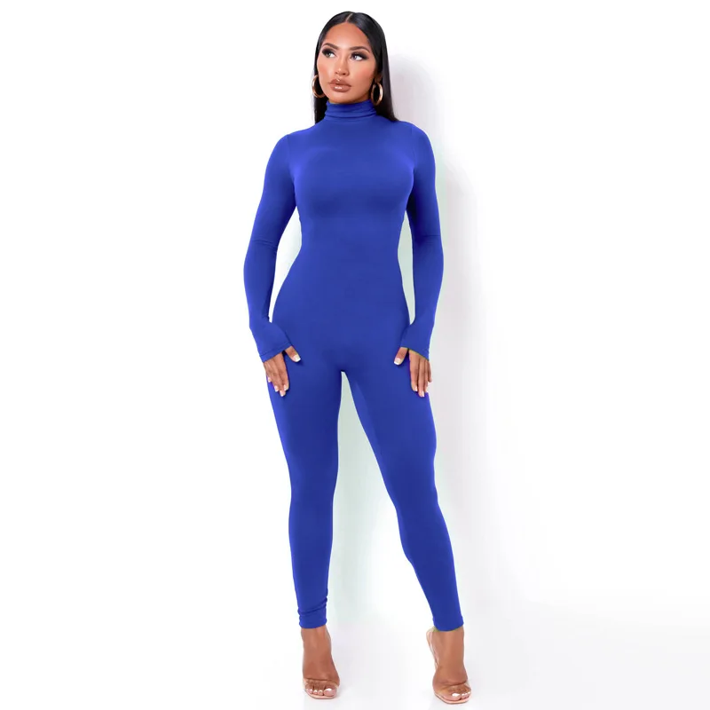 

Plain Color Women Rompers 2024 Long Sleeve Solid Turtleneck Skinny Bodycon Jumpsuit Fashion Fitness Casual One Piece Overalls