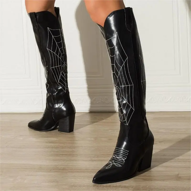 

IPPEUM Black Knee High Cowboy Boots Women Pointed Toe Chunky Heel Embellished Cowgirl Western Botas