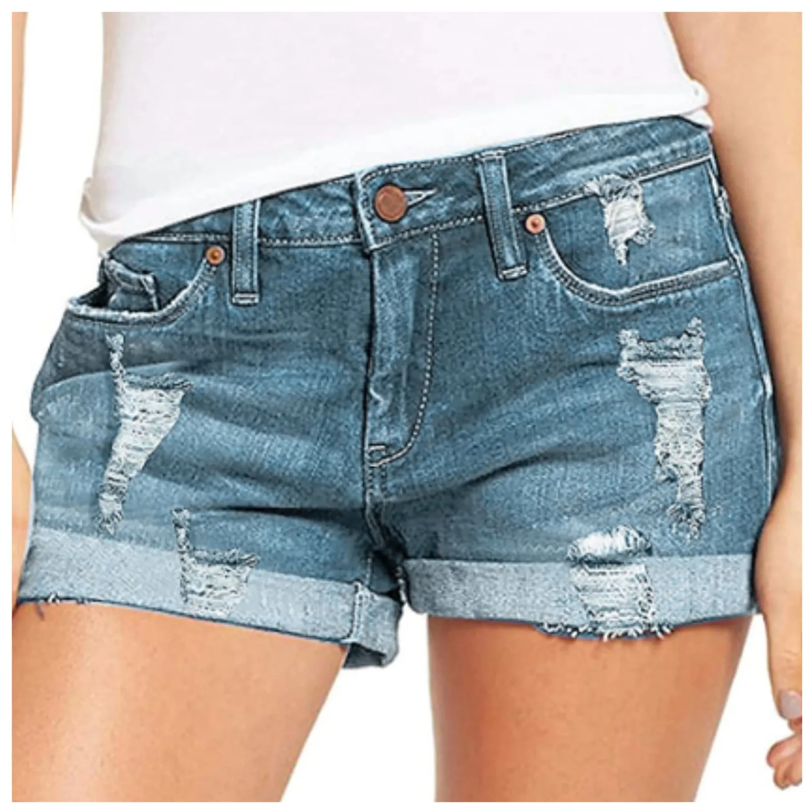 

2024 Women’s Ripped Denim Shorts Summer Beach Wild Chic Sexy Mid Waist Rolled Cuff Distressed Stretchy Slim Casual Shorts