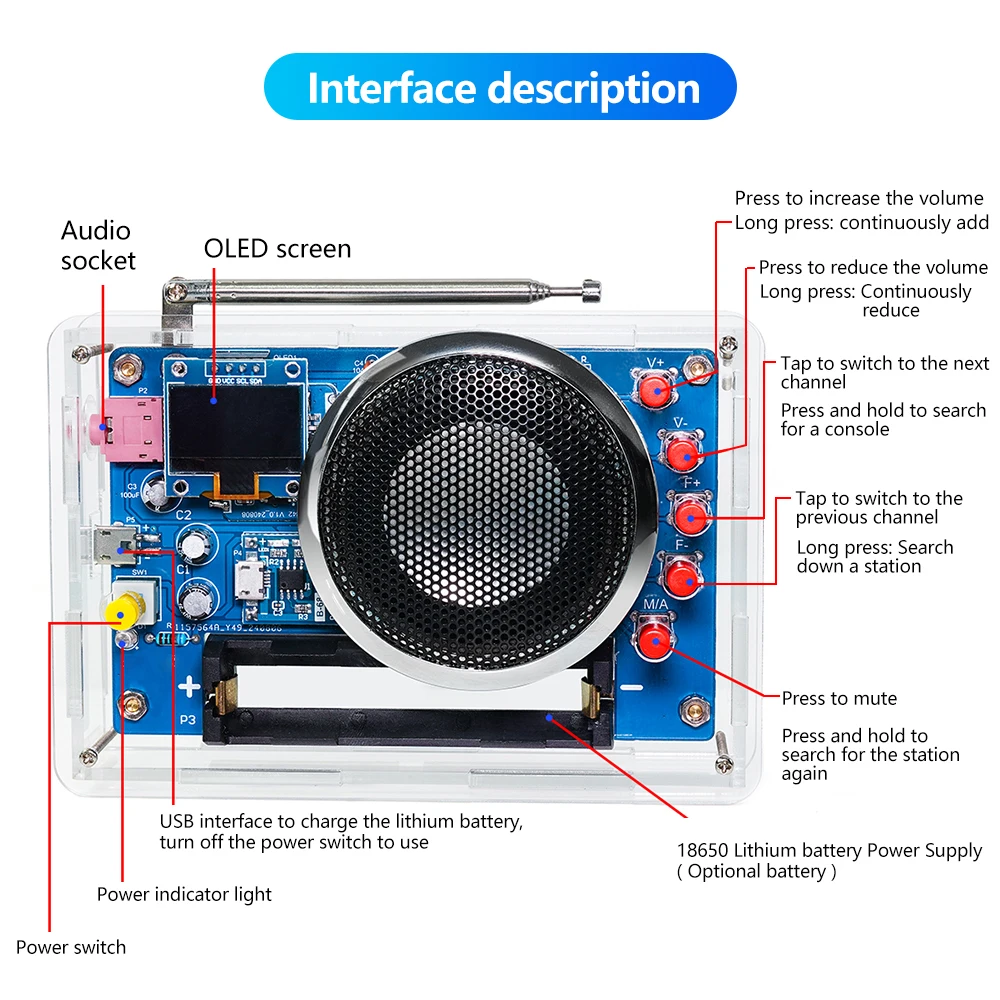 OLED Display Radio DIY Kit Rechargeable FM 87-108MHZ 18650 Lithium Battery Powered Circuit Board Soldering Electronic DIY Parts OLED Display Radio DIY Kit Rechargeable FM 87-108MHZ 18650 Lithium Battery Powered Circuit Board Soldering Electronic DIY Parts
