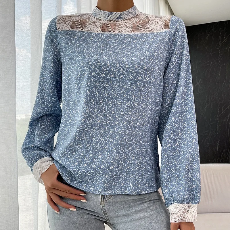 

Women Autumn Fashion OL Elegant Blue Blouses Temperament Commuting Women's New High Neck Long Sleeve Printed Lace Pullover Top