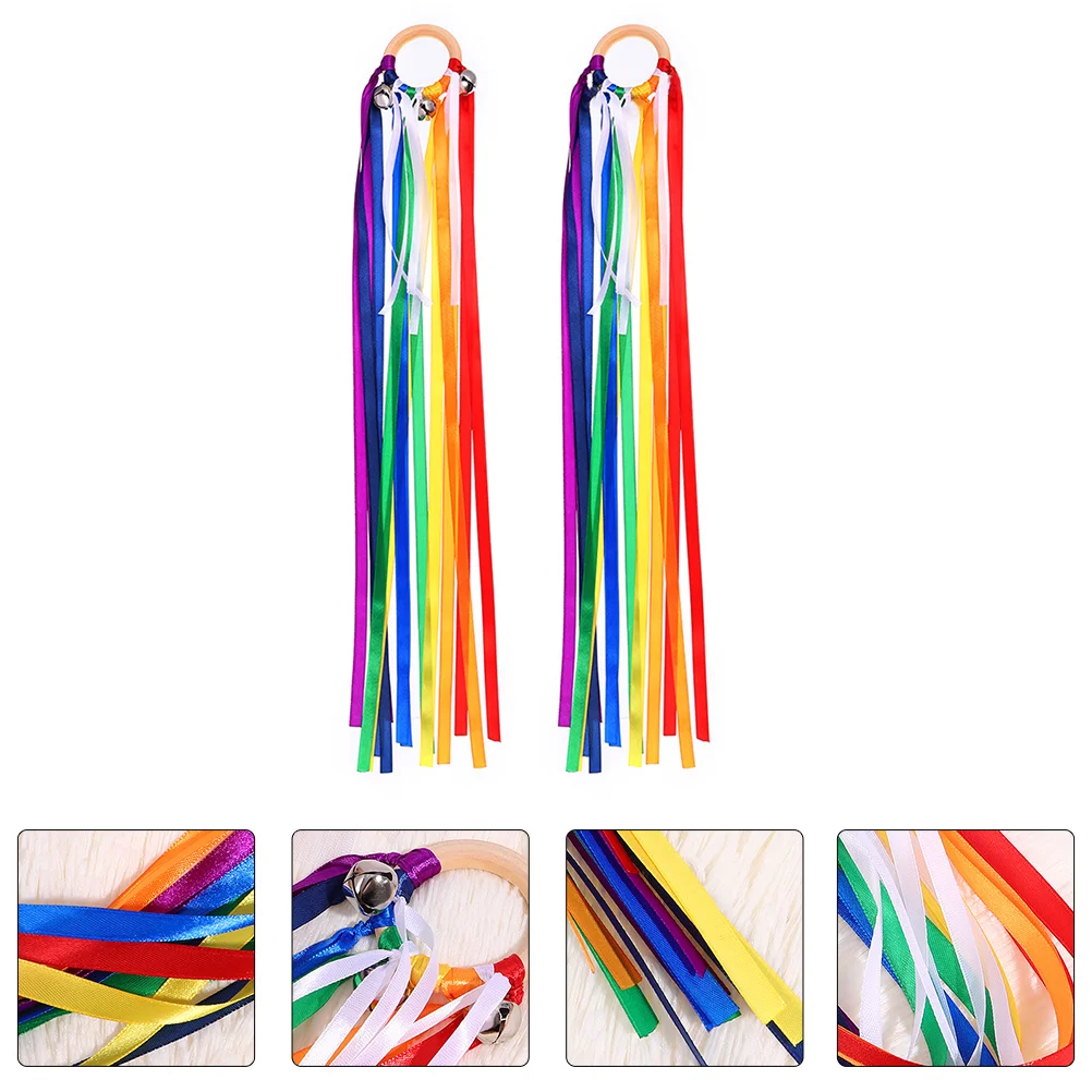 

Rainbow Ribbons Performance Dancing Gymnastics Ribbon Ballet Streamer Wooden Ring Waldorf Toys With Bells For Children