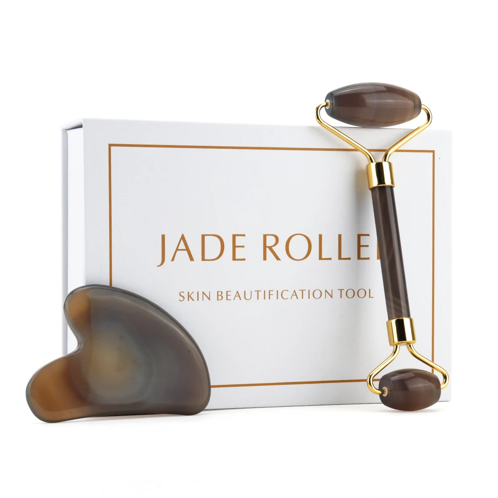 

Gray Agate Face Massager Jade Roller Gua Sha Board Set Facial Skin Lifting Anti-Aging Face Roller Puffy Eyes Beauty Health Tools