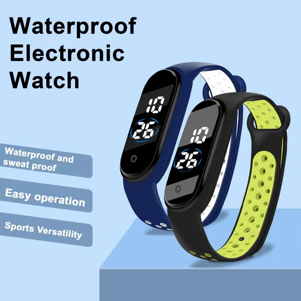 

LED Electronic Watch Waterproof Anti-slip Adjustable Bi-color TPU Strap Rectangle Dial Kids Students Sports Digital Wristwatch