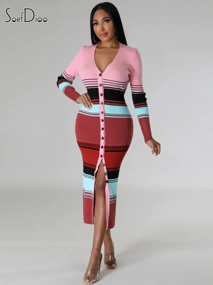 Soefdioo Striped Knit Cardigan Maxi Dress Women Fashion Single Breasted V-Neck Long Sleeve Stweater Dress 2024 Spring Clubwear
Soefdioo Striped Knit Cardigan Maxi Dress Women Fashion Single Breasted V-Neck Long Sleeve Stweater Dress 2024 Spring Clubwear