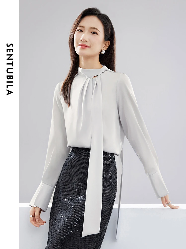 

Элегантная шифоновая блузка SENTUBILA для женщин, весна 2024, топы с бантом на шее и длинным рукавом, офисные женские рубашки и блузки 141V52891