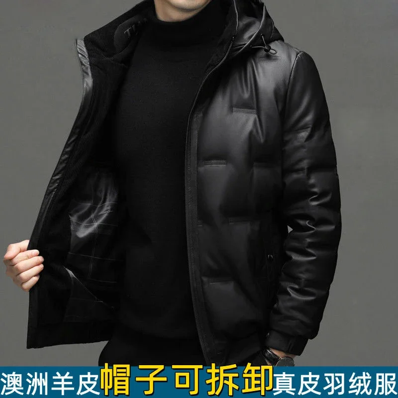 

Пуховик мужской из натуральной кожи, утепленная короткая куртка с капюшоном, дубленка оверсайз, роскошная верхняя одежда, большие размеры, зима