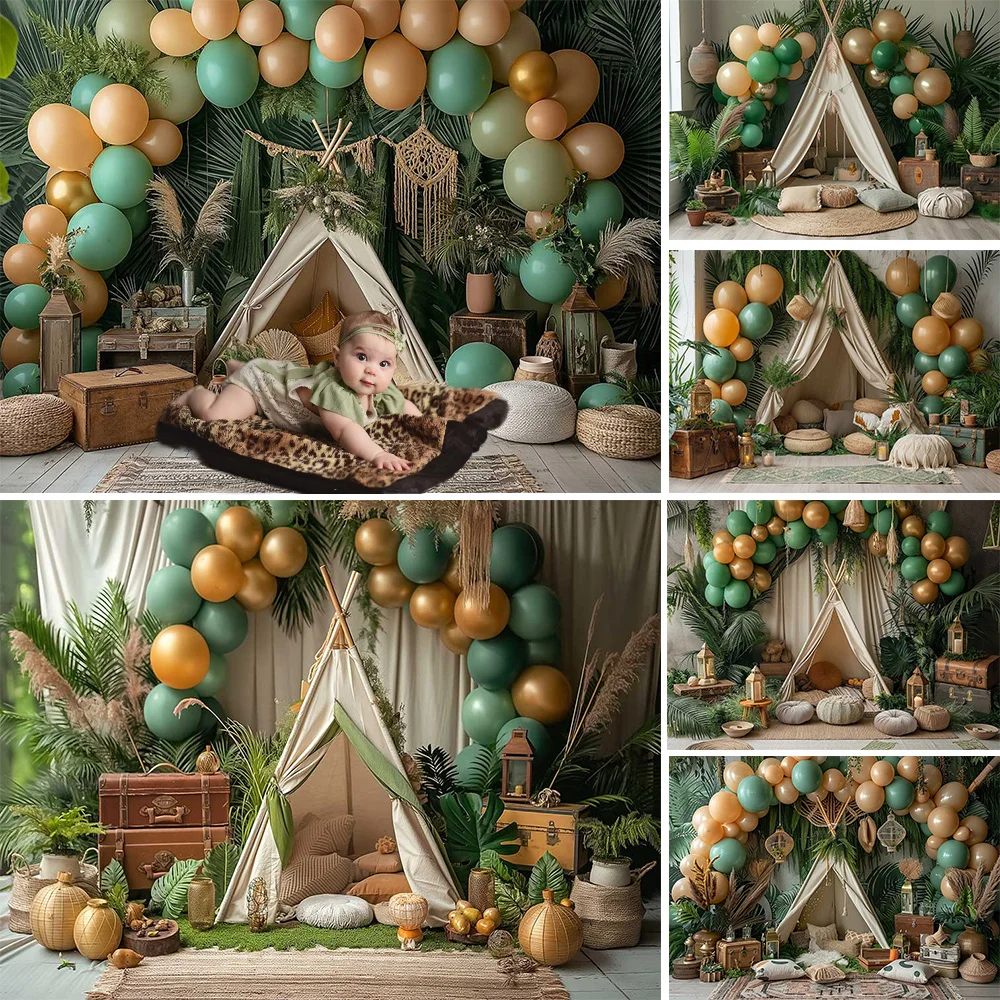 

Mocsicka Tropical Safari Baby Show Background Boho Tent Arch Balloon Backdrop Forest Green Leaves Decor Kids Cake Smash Studio